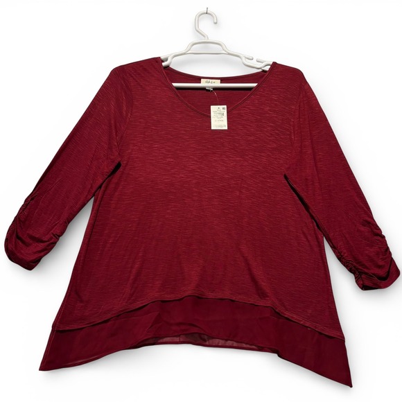 Style & Co. Tops - NWT Style & Co Womens XL‎ Burgundy Slub Knit Layered Hem Ruched Sleeve Tunic Top